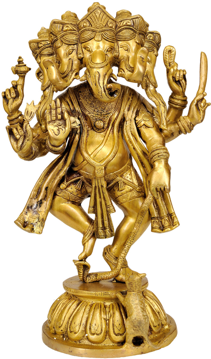 15" Handmade Pancha-Mukha Dancing Ganesha Brass Statue