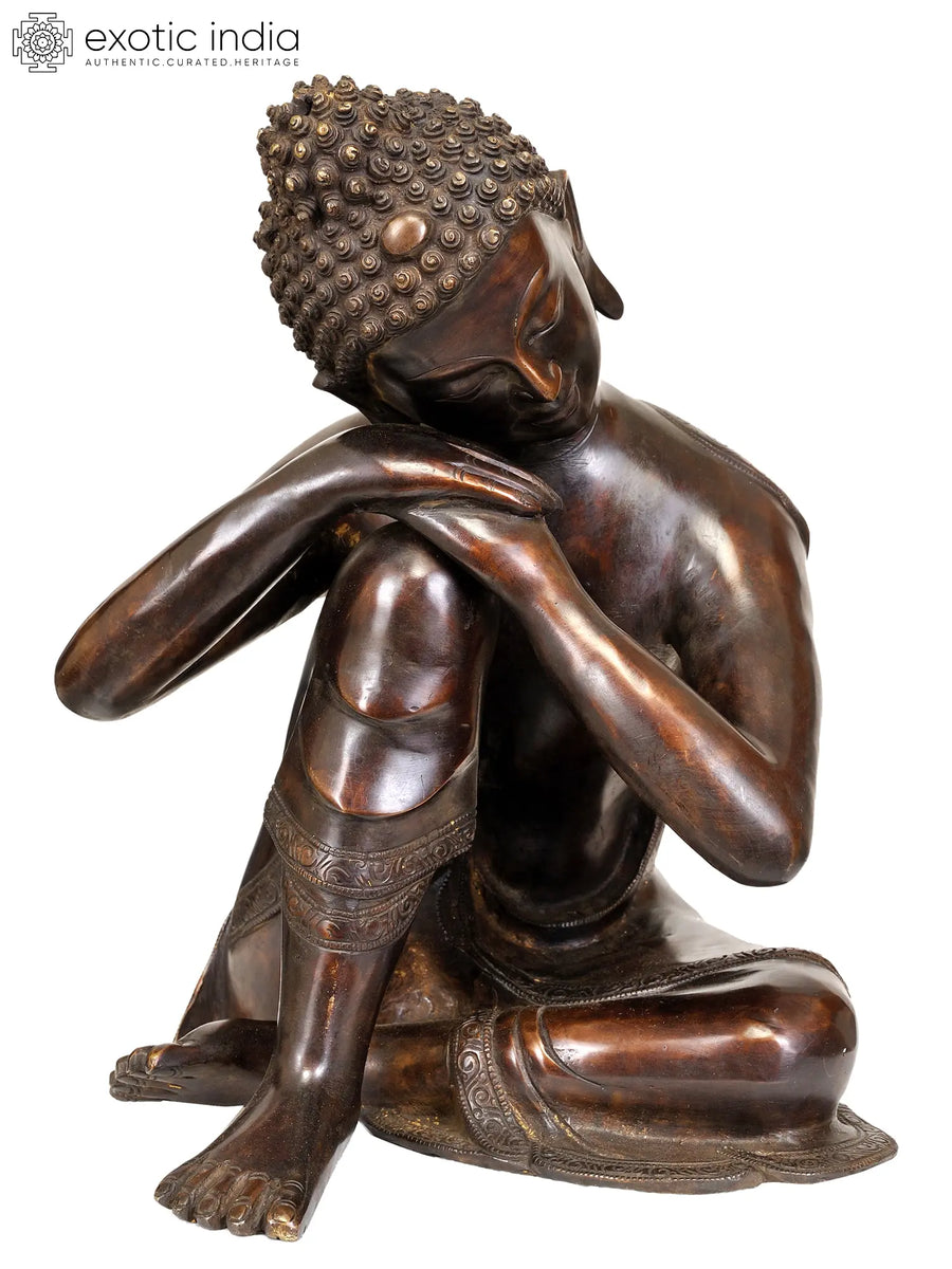 13" Thinking Buddha Brass Statue Handmade