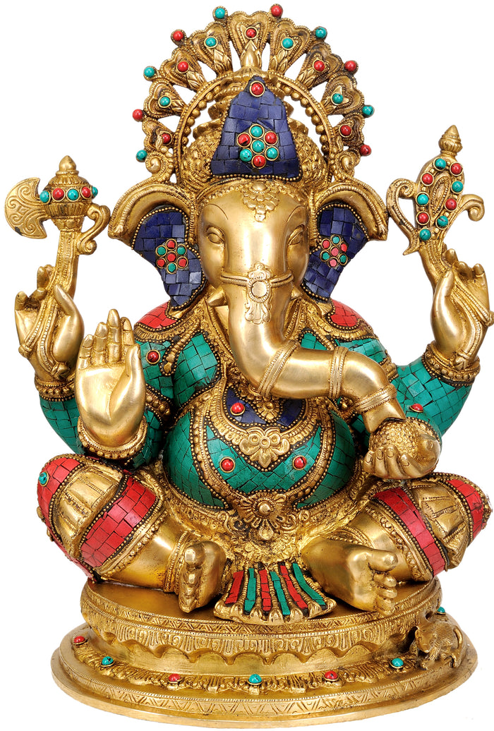 19" Four Armed Seated Ganesha Brass Inlay Statue Handmade