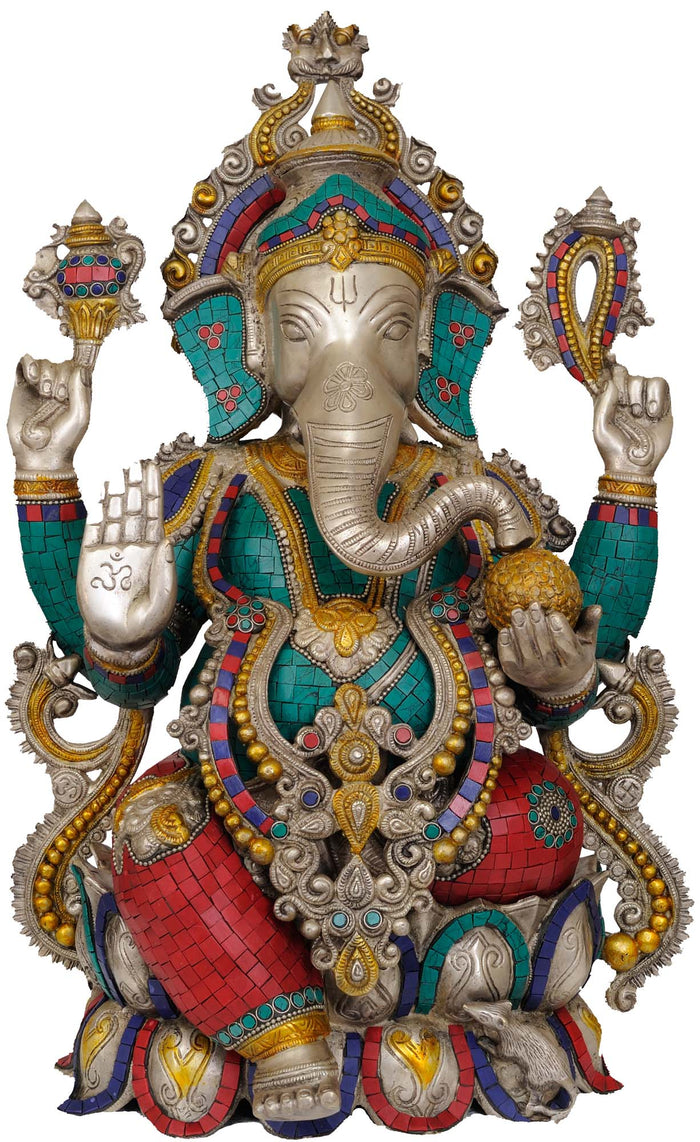 21" Handmade Brass Ganesha Lalitasana Statue for Home Decor
