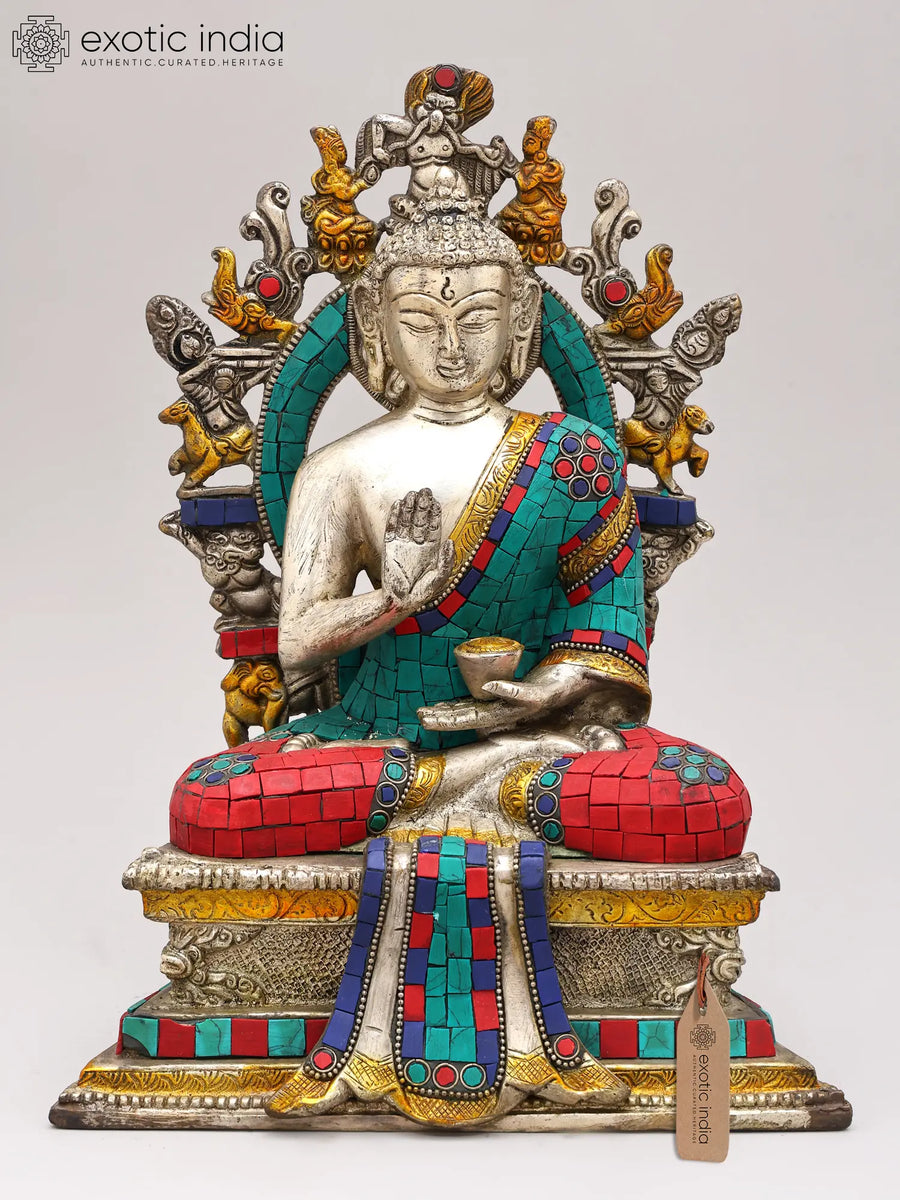 11" Lord Buddha Seated on Throne Brass Statue Handmade