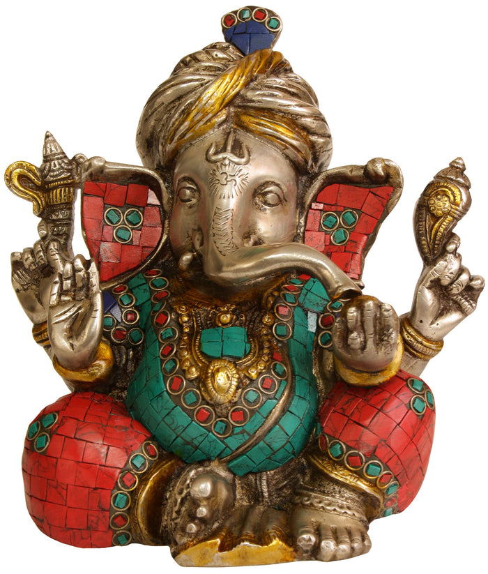 8" Handmade Brass Ganesha Turbaned Sculpture for Home Decor