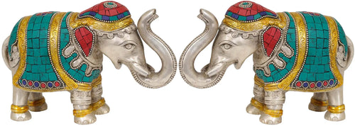 Brass Elephant Pair Statue with Upraised Trunks