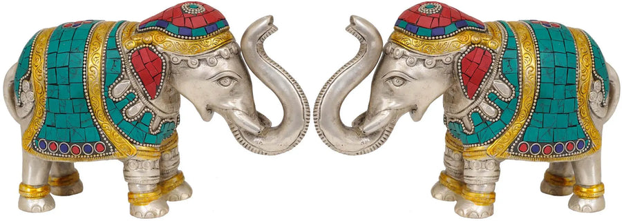 Brass Elephant Pair Statue with Upraised Trunks
