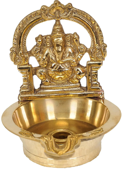4" Handmade Lord Ganesha Brass Lamp Traditional Oil Diya