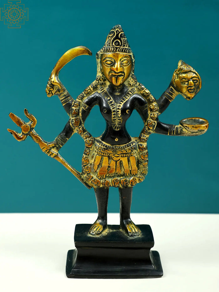 6" Small Chaturbhuja Maa Kali Brass Statue