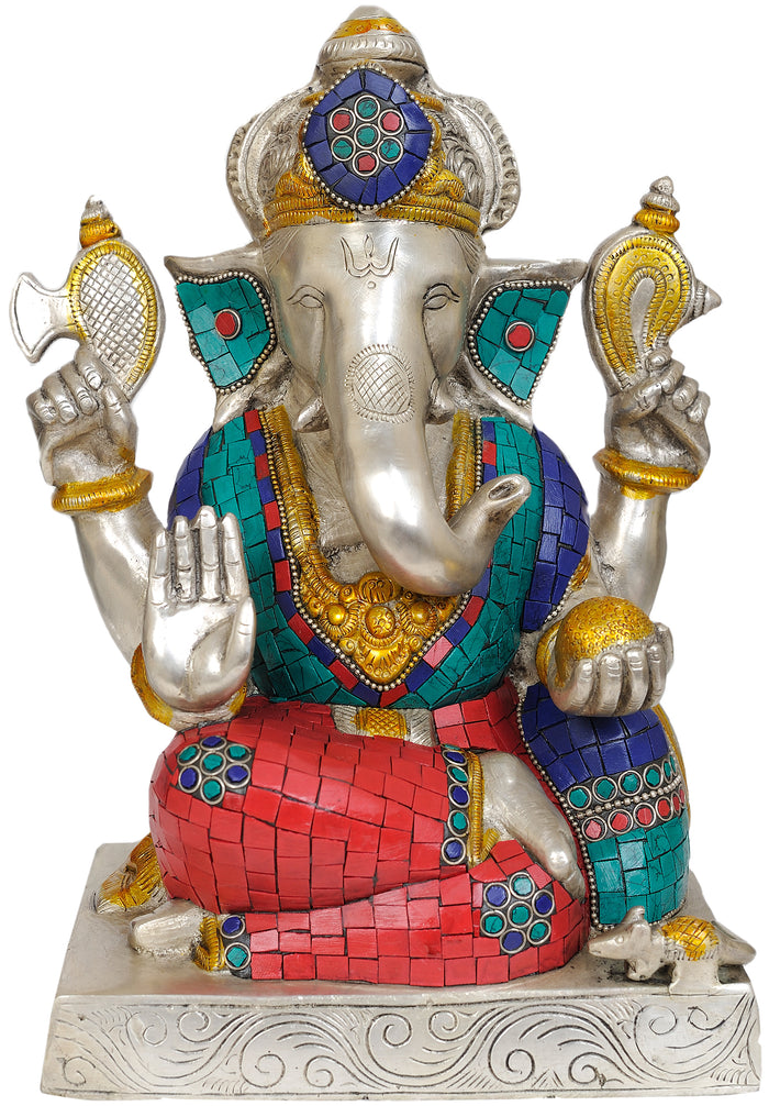 11" Four Armed Seated Ganesha Brass Statue Handmade