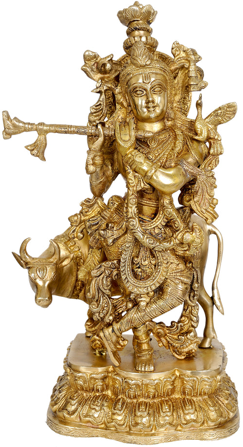 17" Handmade Krishna Brass Statue for Pooja