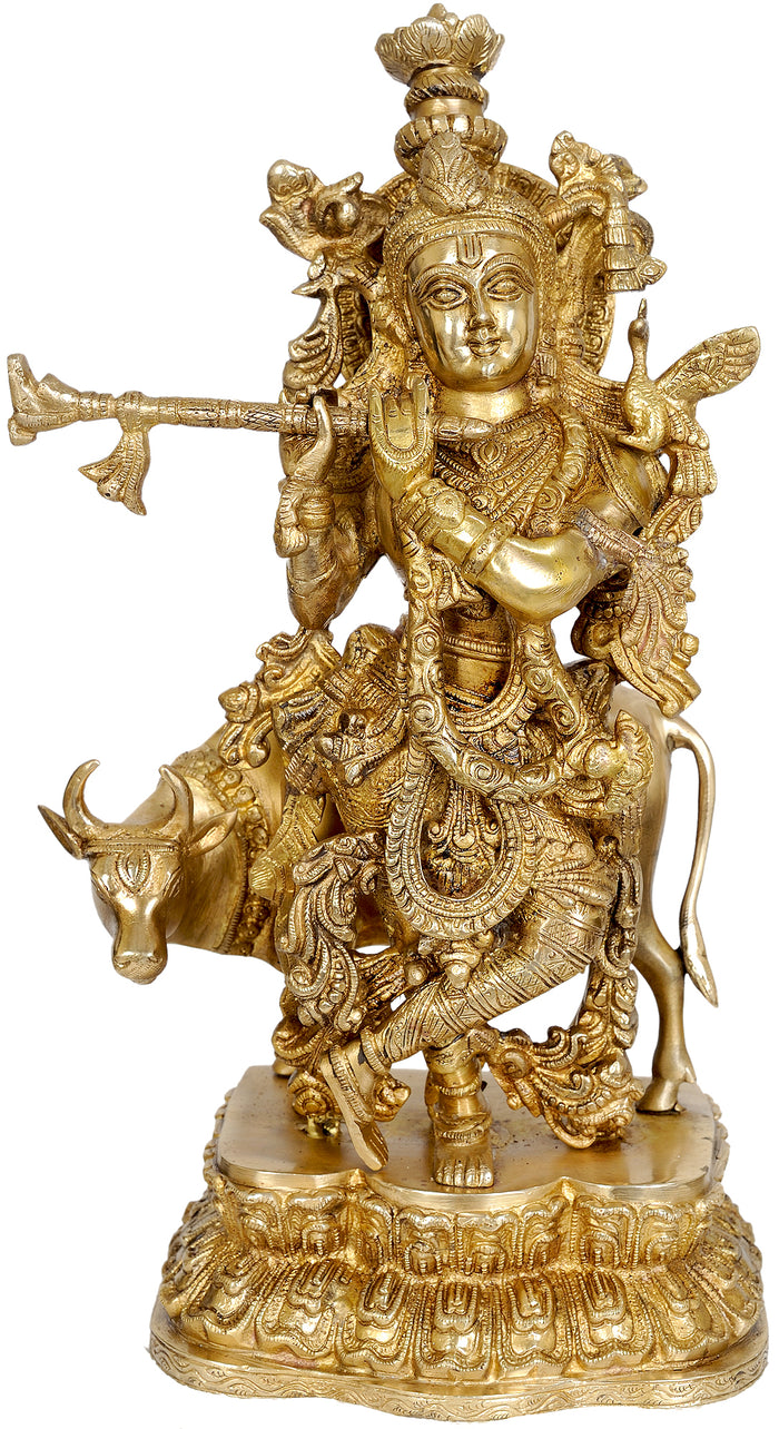 17" Handmade Krishna Brass Statue for Pooja