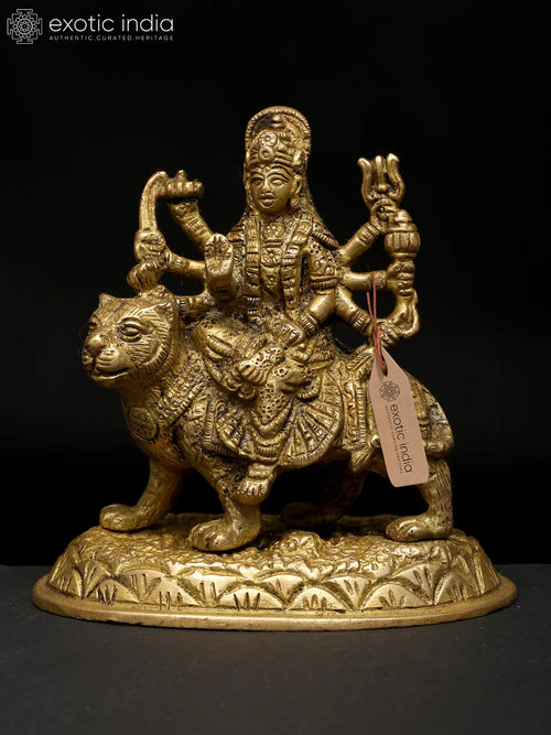 Small Brass Goddess Durga Seated on Lion Statue for Pooja