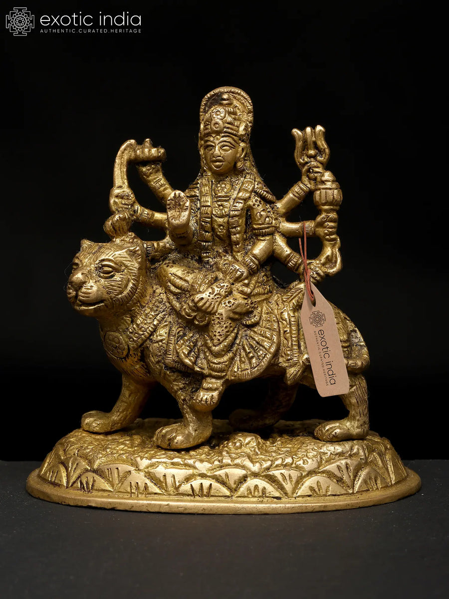 Small Brass Goddess Durga Seated on Lion Statue for Pooja