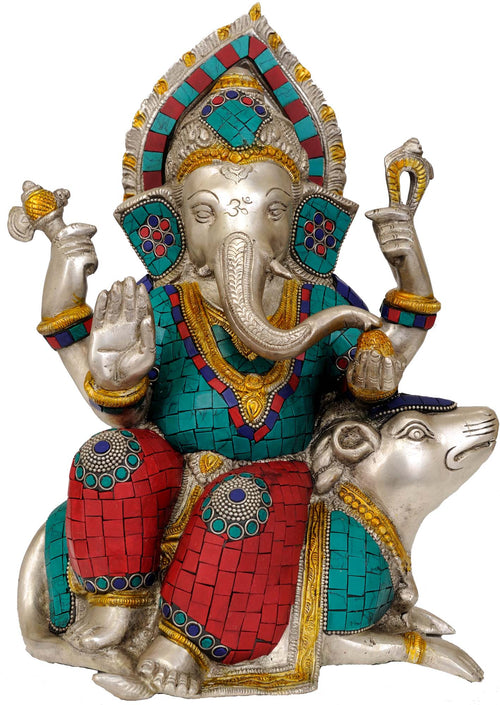 12" Handmade Lord Ganesha Seated on Musaka Brass Statue