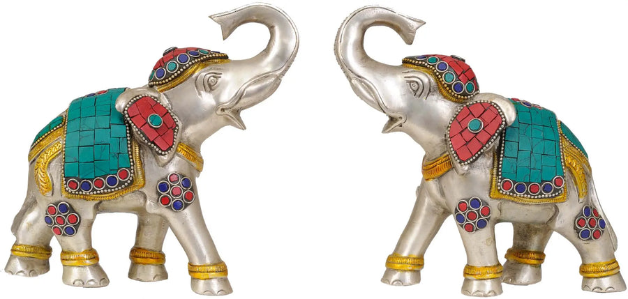 Brass Elephant Pair with Upraised Trunks Statue