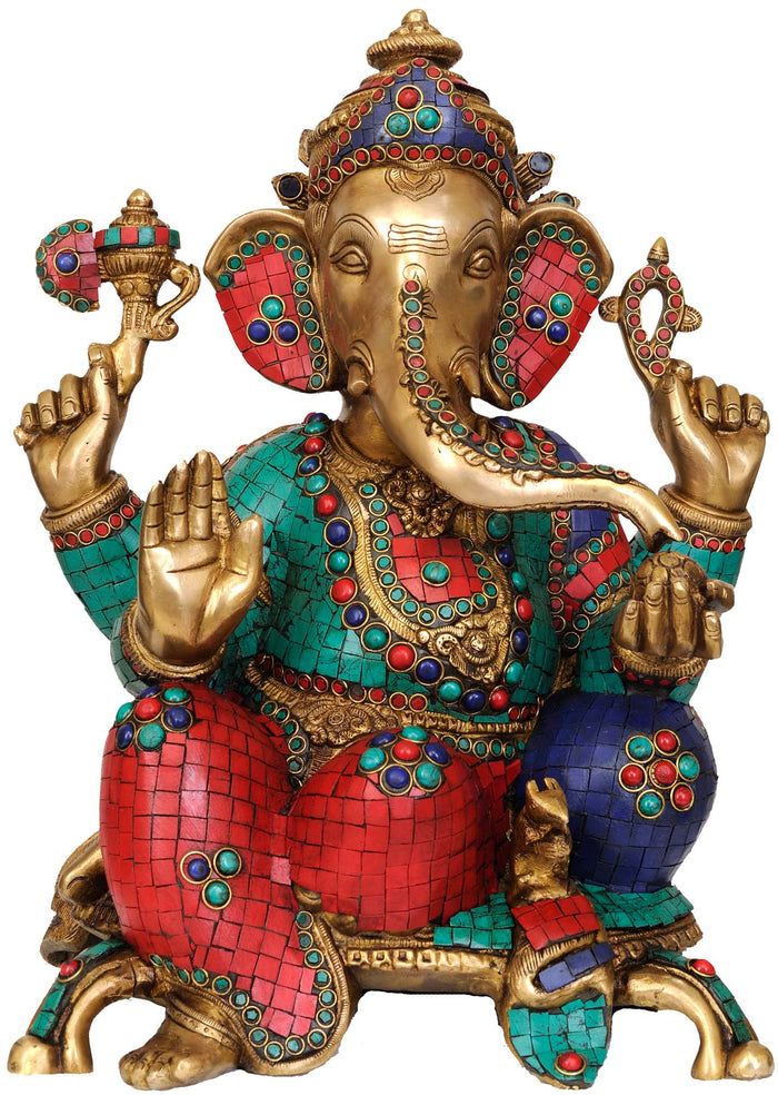 18" Handmade Lord Ganesha Seated on Chowki Brass Idol