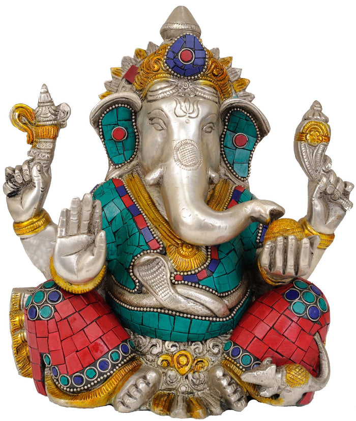 8" Brass Four-Armed Seated Ganesha Handmade Sculpture
