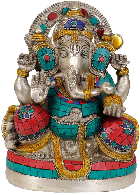 9" Brass Four Armed Seated Ganesha Idol with Trident Tilaka on His Forehead | Handmade | Made in India