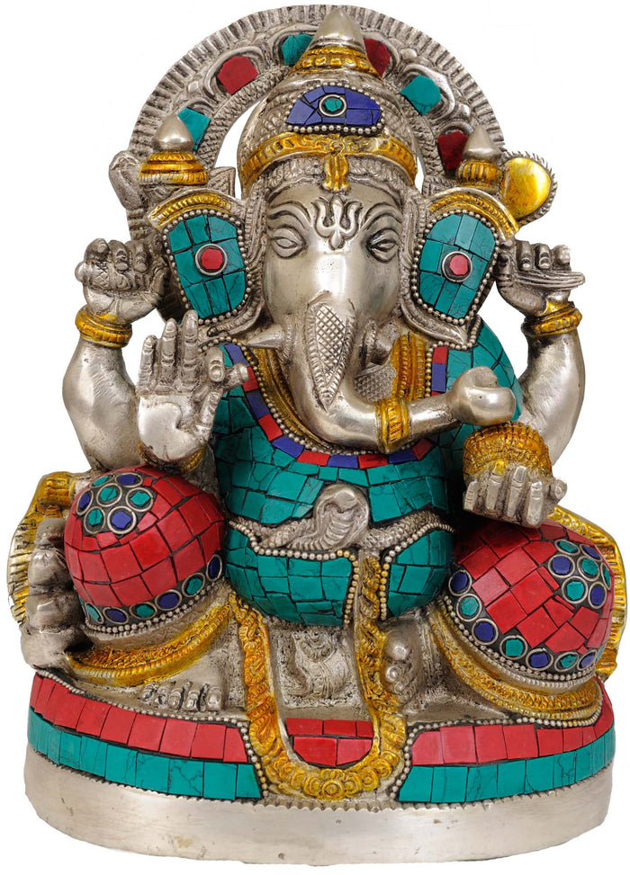 9" Brass Four Armed Seated Ganesha Idol Handmade