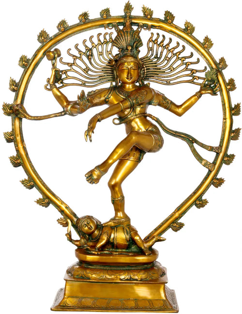 36" Large Nataraja Brass Statue in Golden and Green Hues Handmade