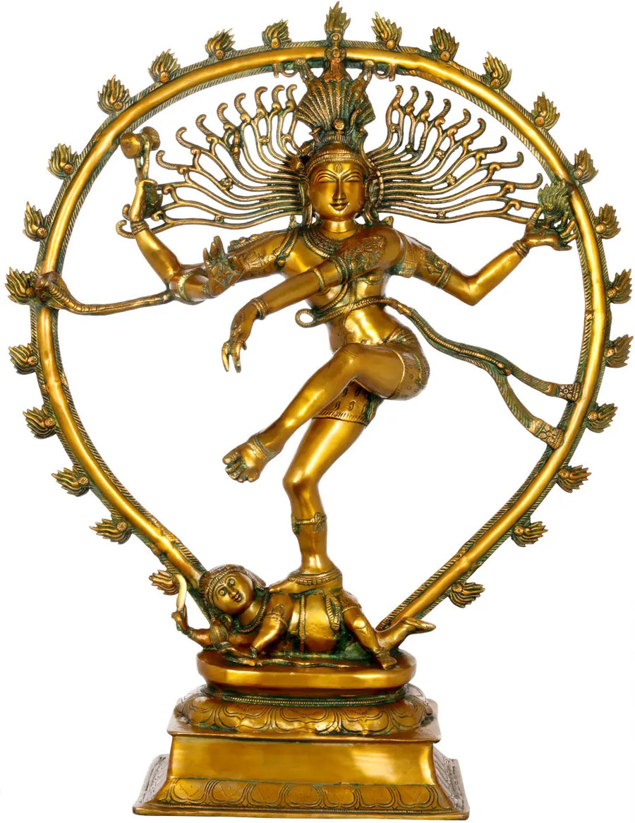 36" Large Nataraja Brass Statue in Golden and Green Hues Handmade