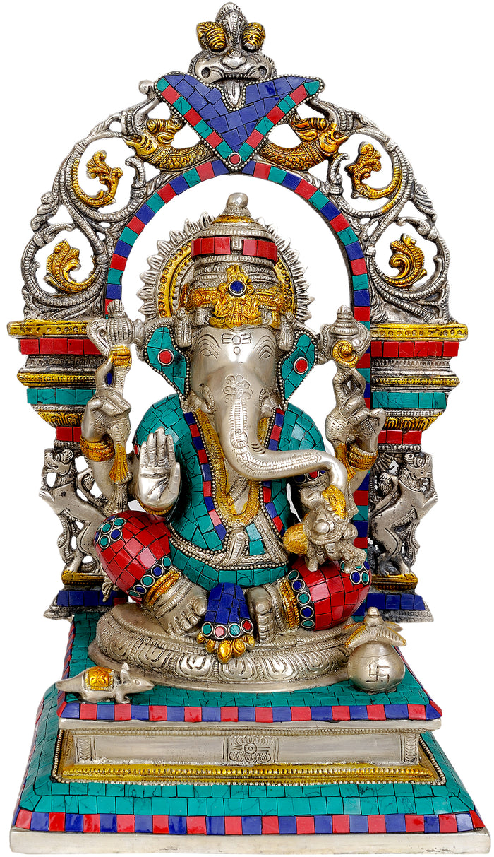 16" Enthroned Ganesha Handmade Brass Statue