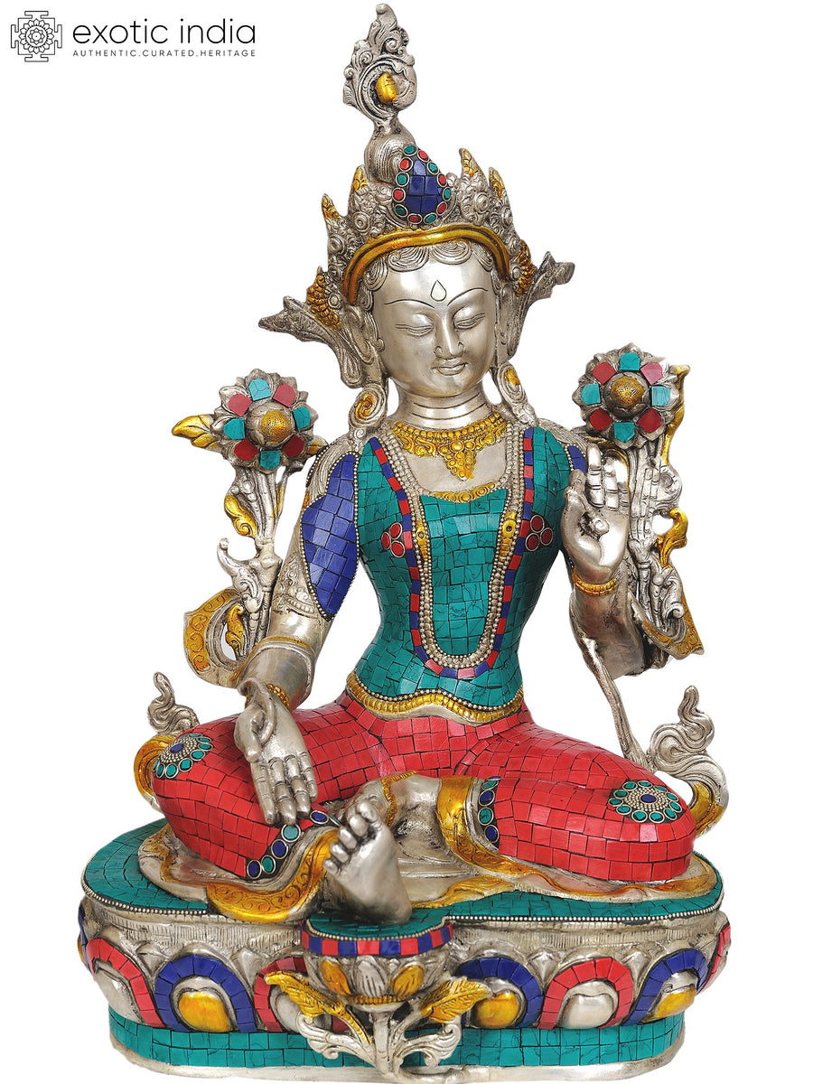 10" Green Tara Brass Statue - Tibetan Buddhist Goddess Handmade