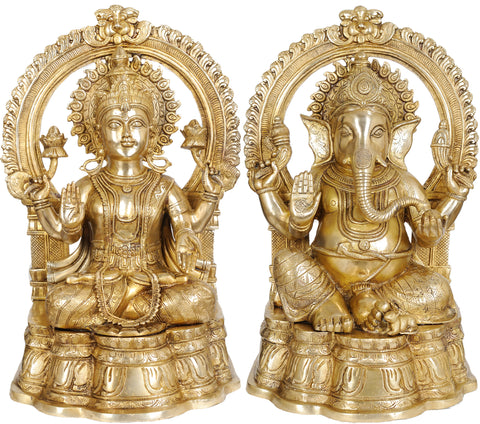 19" Large Size Lakshmi Ji Ganesha Ji In Brass | Handmade | Made In India