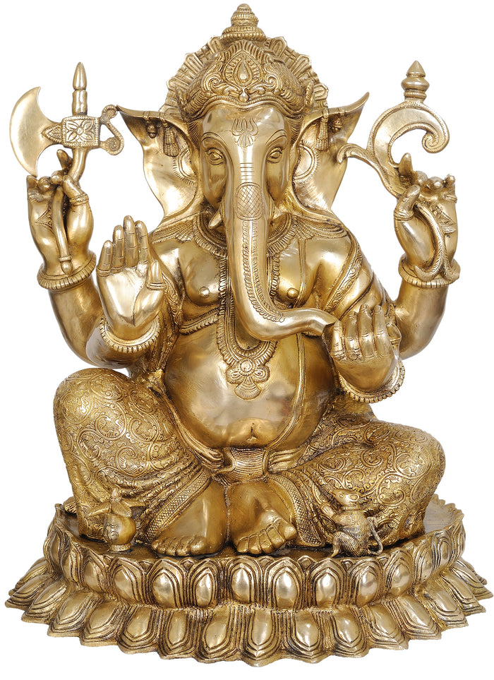 22" Handmade Kamalasana Ganesha Brass Statue for Pooja