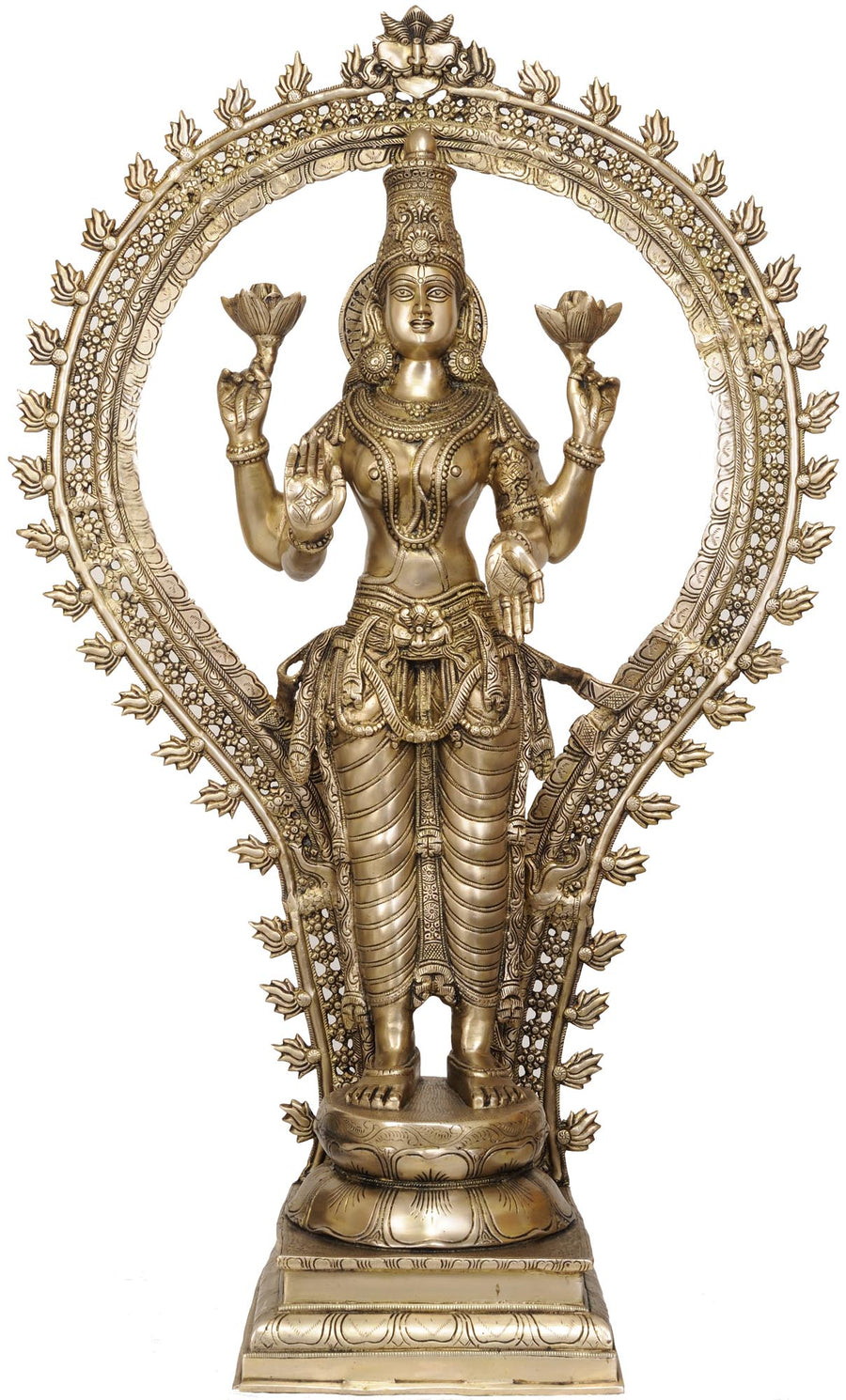 40" Brass Goddess Lakshmi Statue with Floral Aureole Handmade