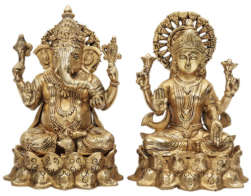9" Lakshmi and Ganesha Brass Statue Handmade