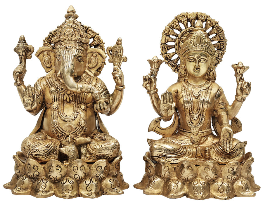 9" Lakshmi and Ganesha Brass Statue Handmade