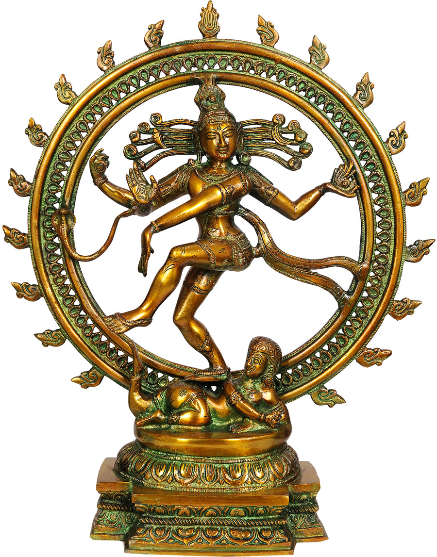 18" Lord Shiva Nataraja Brass Statue Handmade with Golden Green Finish