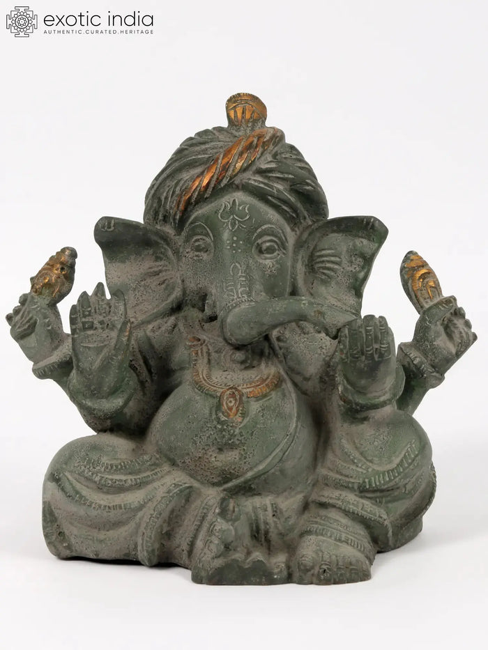 6" Handmade Brass Ganesha Statue with Turban