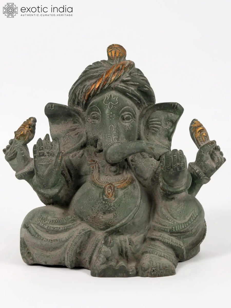 6" Handmade Brass Ganesha Statue with Turban