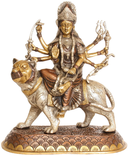 11" Handmade Goddess Durga Brass Statue Triple Hued
