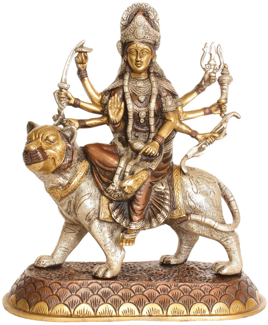 11" Handmade Goddess Durga Brass Statue Triple Hued