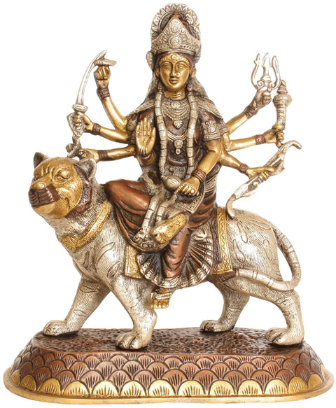11" Triple Hued Goddess Durga In Brass | Handmade | Made In India