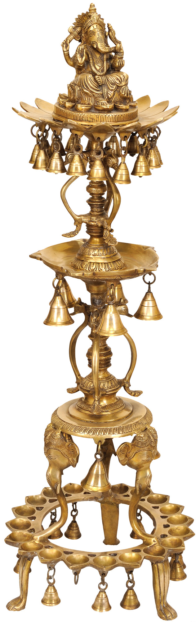 36" Brass Ganesha Lamp with Bells Handmade Statue