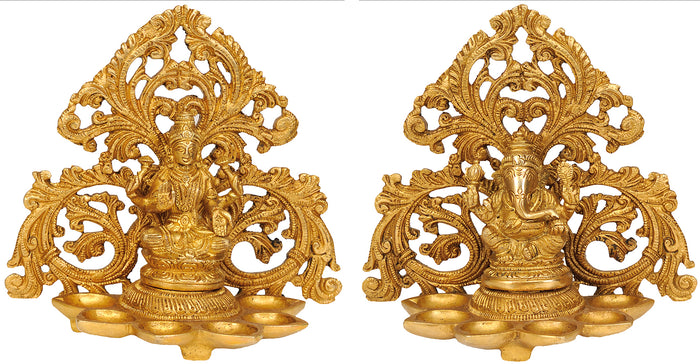 6" Lakshmi Ganesha Brass Lamp Pair Handmade