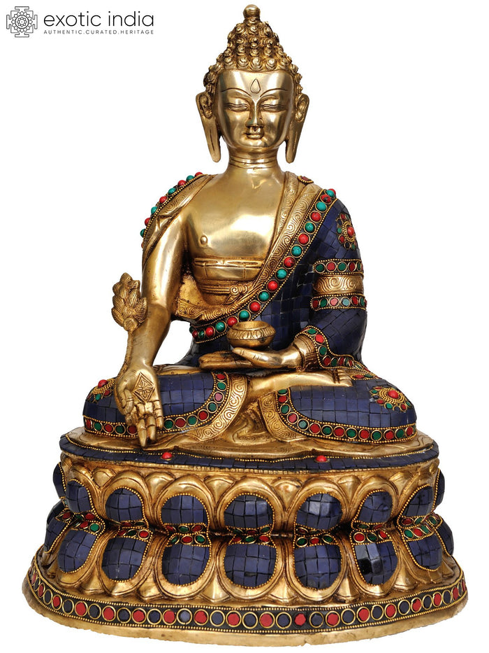 17" Lapis Buddha of Healing Brass Statue Handmade