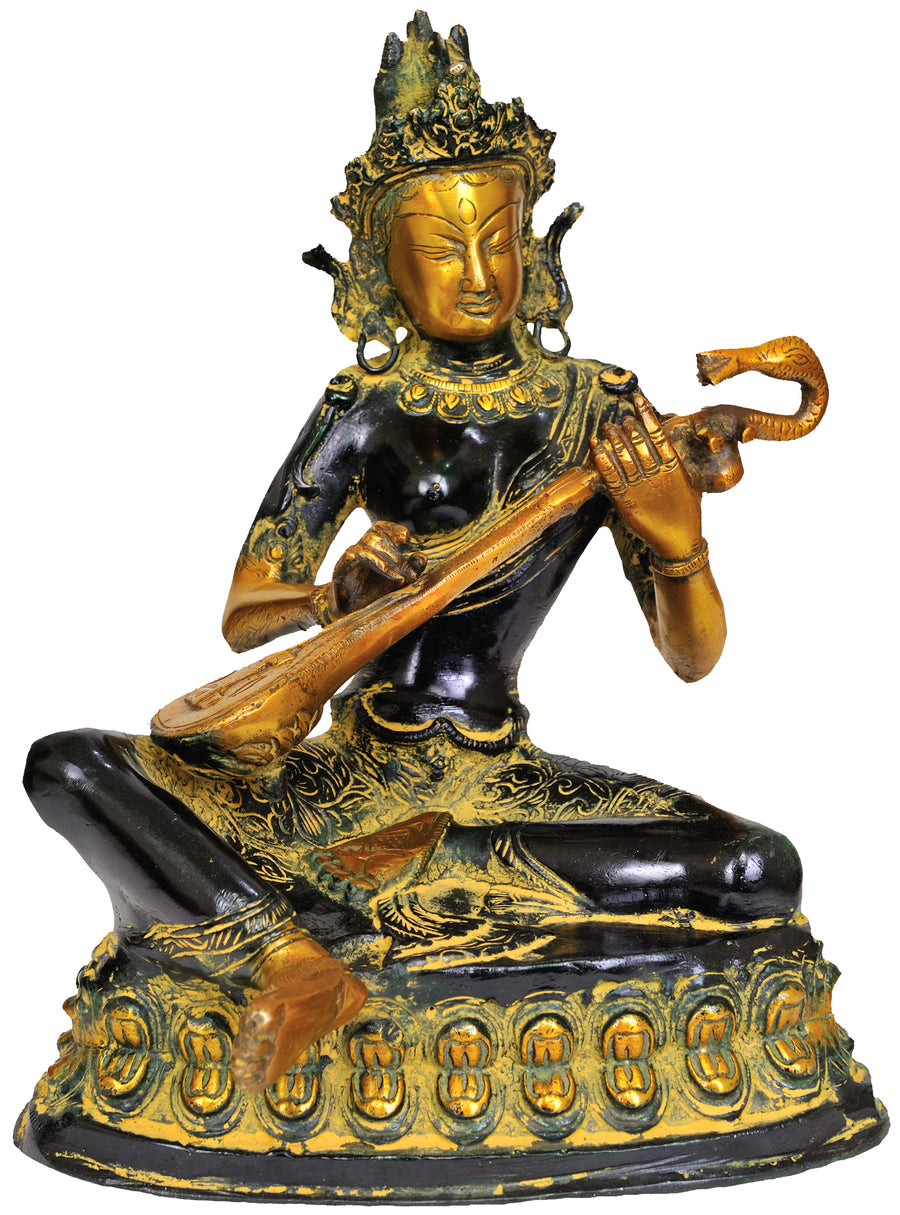12" Handmade Brass Goddess Saraswati Statue for Pooja
