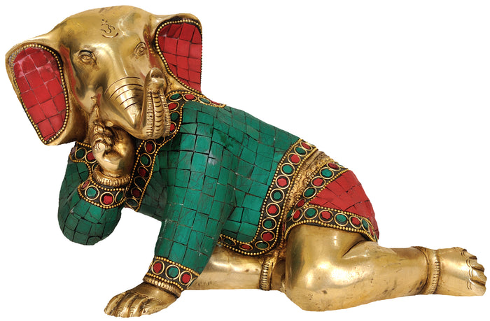 10" Handmade Crawling Ganesha Brass Idol for Pooja