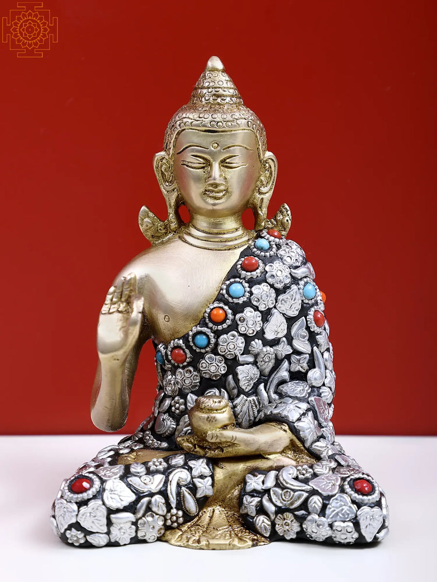 6" Handmade Brass Buddha Statue with Inlay Work for Pooja