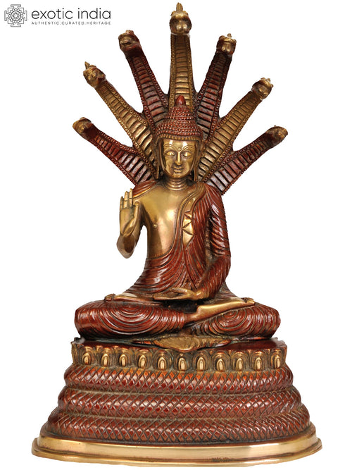 15" Handmade Brass Buddha Under Muchalinda Serpent Statue