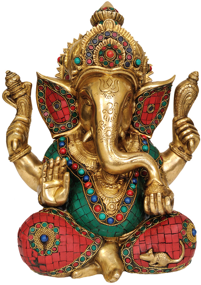 12" Handmade Brass Ganesha Statue with Inlay Design