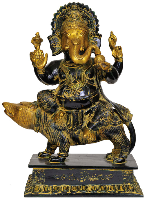 18" Handmade Ganesha Seated on Rat Brass Statue