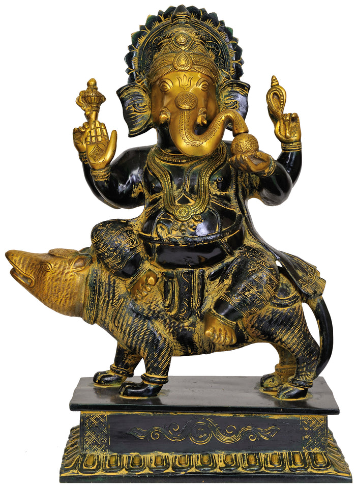 18" Handmade Ganesha Seated on Rat Brass Statue