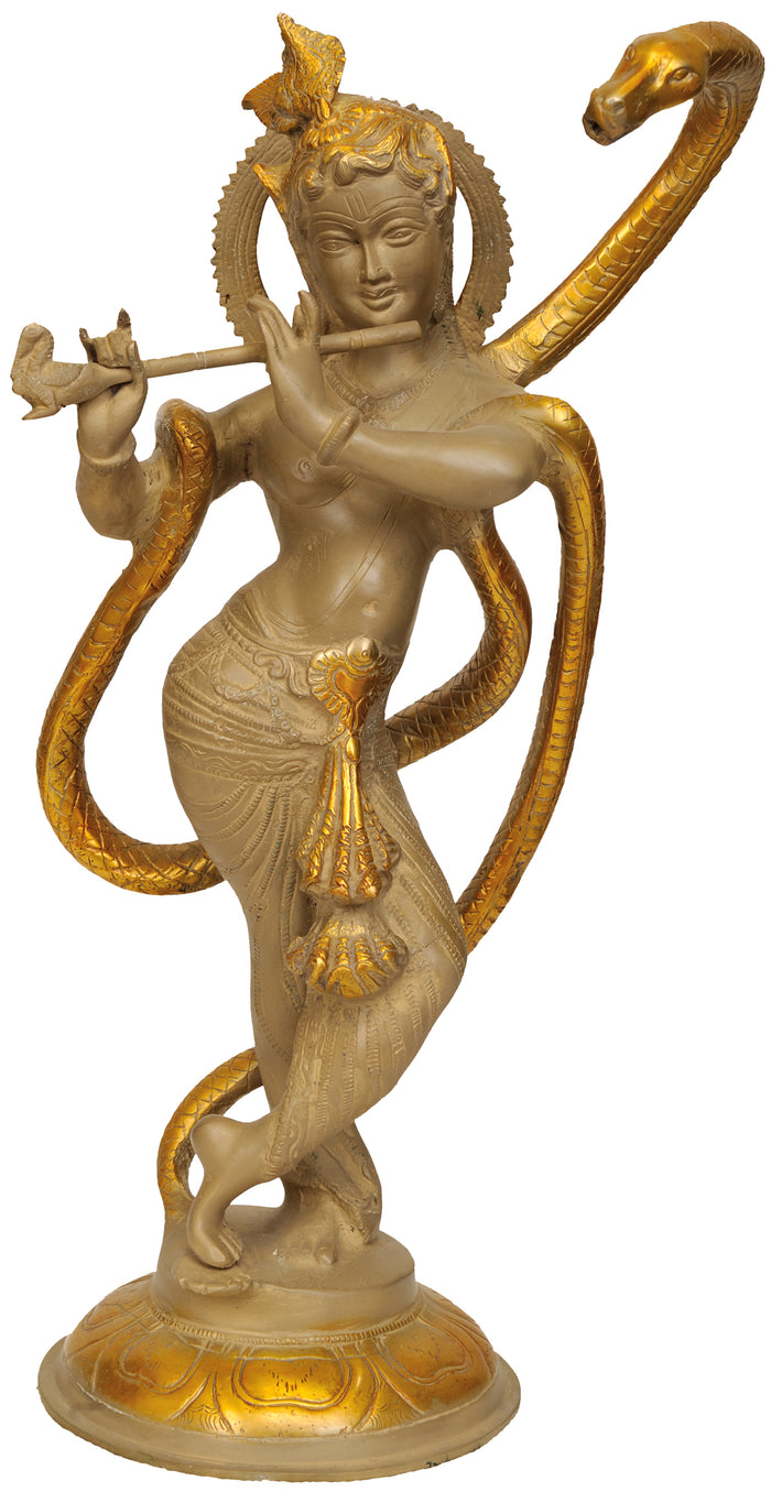 15" Sri Krishna and Kaliya Handmade Brass Statue