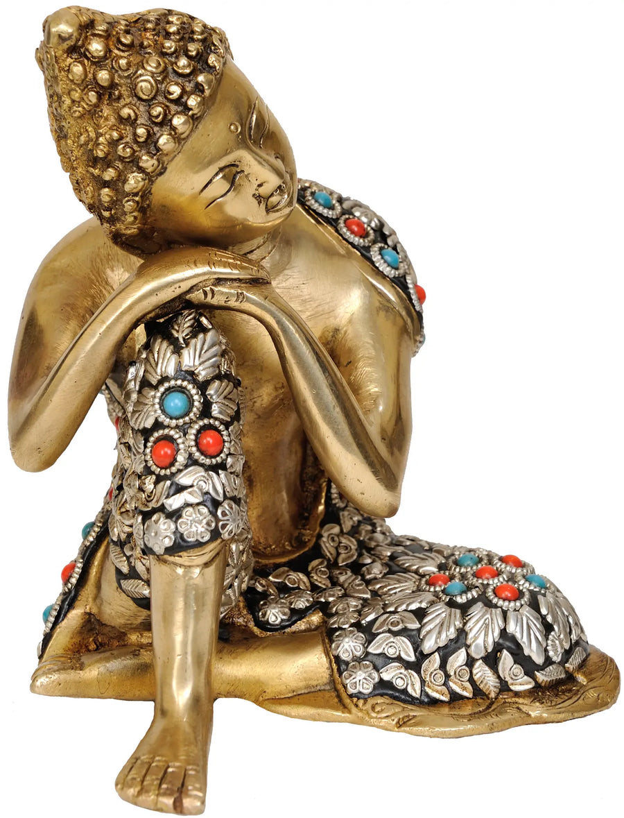 7" Handmade Thinking Buddha Brass Statue Tibetan Buddhist Deity