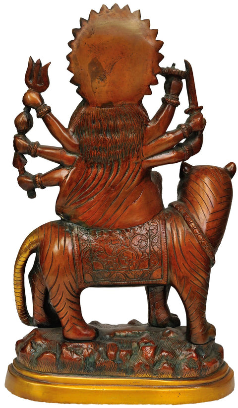 15" Goddess Durga With Her Lion on Mountain In Brass | Handmade | Made In India
