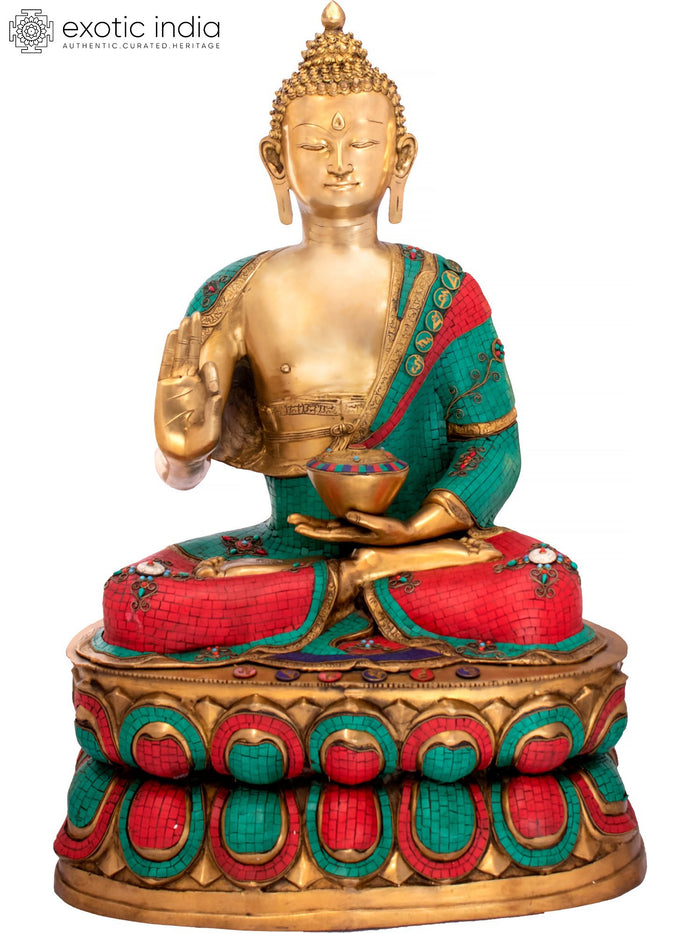 38" Preaching Buddha Handmade Brass Idol with Inlay